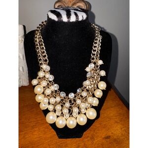 Chicos Gold Tone Pearl Rhinestone Statement Necklace Chunky Chain Dangle